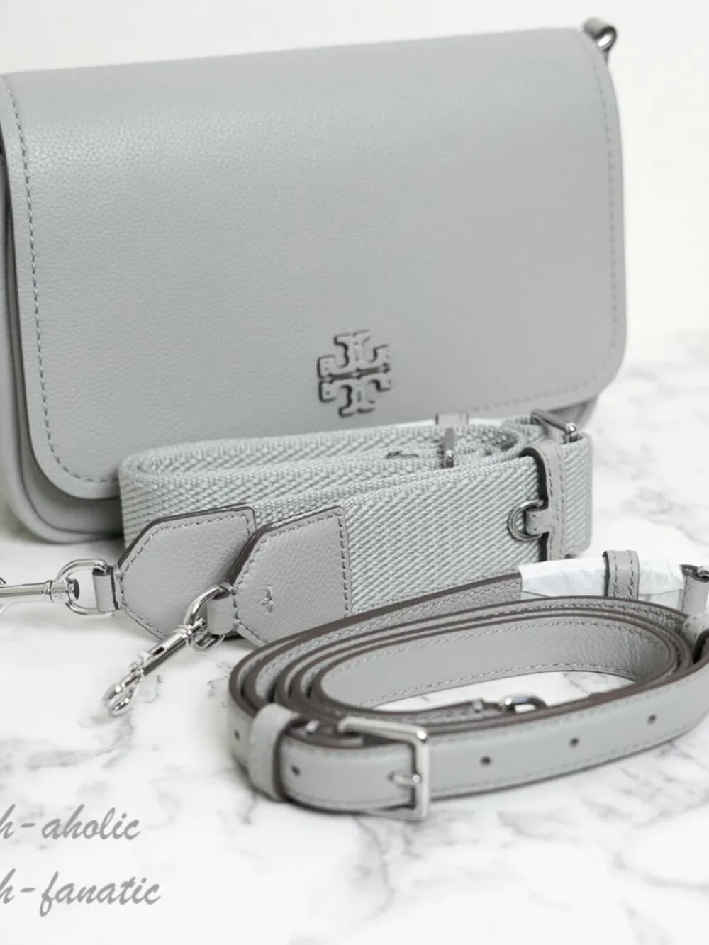 Tory Burch Thea Pebbled Leather Flap Crossbody Shoulder Bag in Misty Cloud NWT